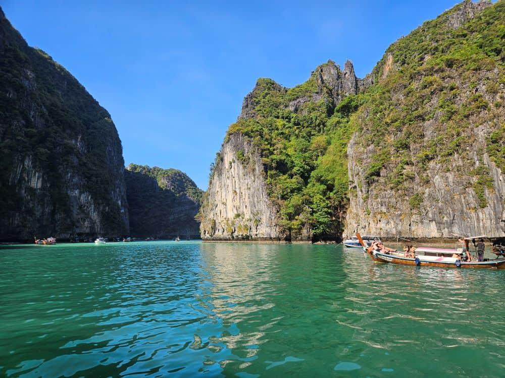 Turquoise lagoon and limestone cliffs near Phuket, Thailand