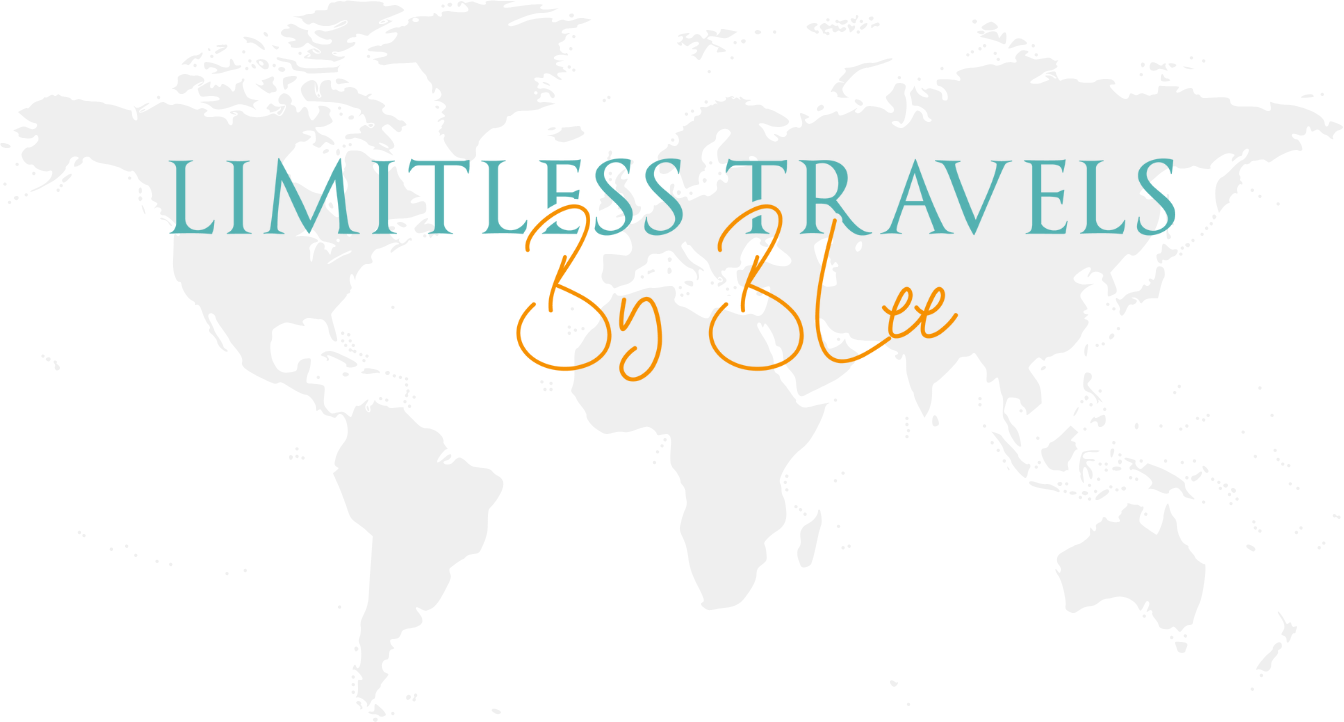 Limitless Travels by BLee logo over a world map