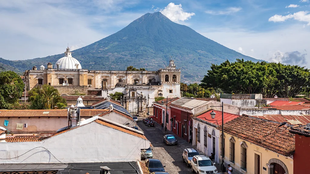 Antigua Guatemala rooftop view with volcano