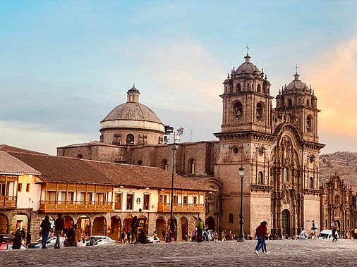 The Plaza de Armas in Cusco at sunset